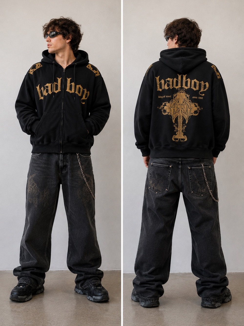 Bad Boy Pro Series MMA Hoodie Black Full Zip - Black & Metallic Gold - Y2K - XXL